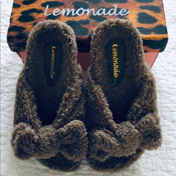 Lemonade Shoes - Lemonade Soft Fuzzy BowTie Slide Khaki Size 6